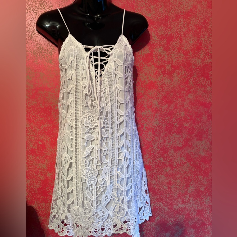 fab'rik white crochet knit front lace up Dress size  medium